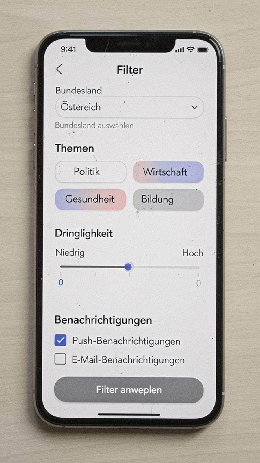 Screenshot: Filter für Bundesländer, Themen und Dringlichkeit